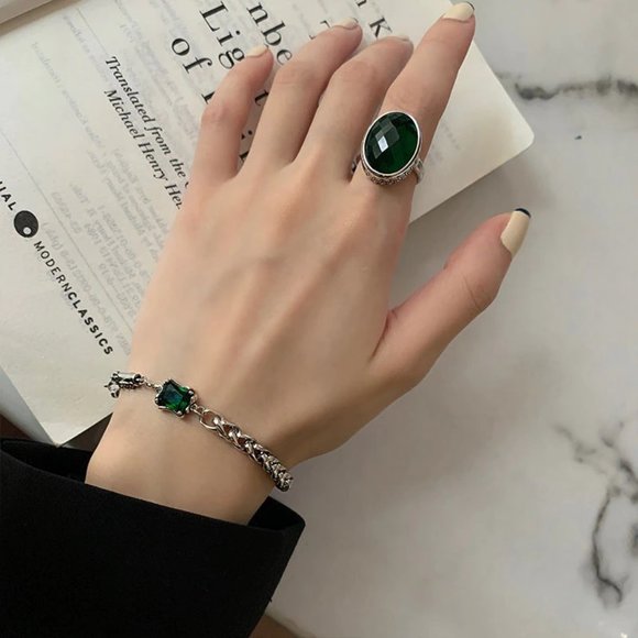 NEW Silver Vintage Green Square Zircon Thick Thain Bracelet - Picture 5 of 7